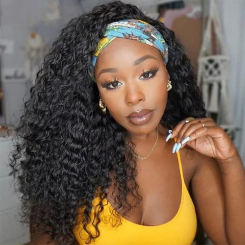 Scarf no gluelees remy brazilian curl natural black human hair curly virgin hair deep wave headband wigs for african american