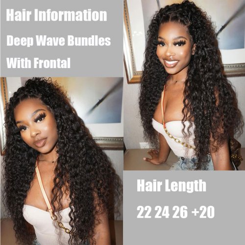 Deep Curly Wave Bundles With Frontal Peruvian Hair Bundles with 13x4 Lace Remy 100% Human For Black Woman